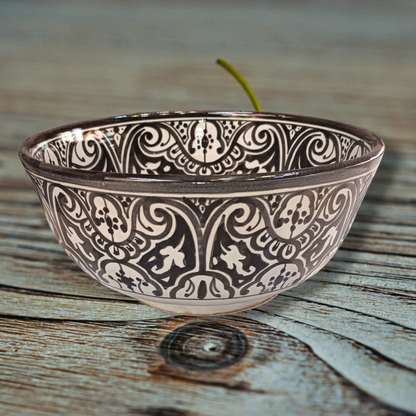 Handmade Moroccan Fassi Ceramic Bowl – Black & White Hand-Painted Serving Bowl | Traditional Fez Pottery