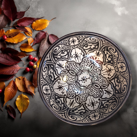 Handmade Moroccan Fassi Ceramic Bowl – Black & White Hand-Painted Serving Bowl | Traditional Fez Pottery