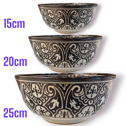 Handmade Moroccan Fassi Ceramic Bowl – Black & White Hand-Painted Serving Bowl | Traditional Fez Pottery
