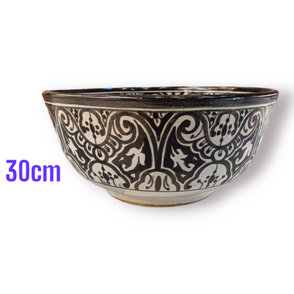 Handmade Moroccan Fassi Ceramic Bowl – Black & White Hand-Painted Serving Bowl | Traditional Fez Pottery