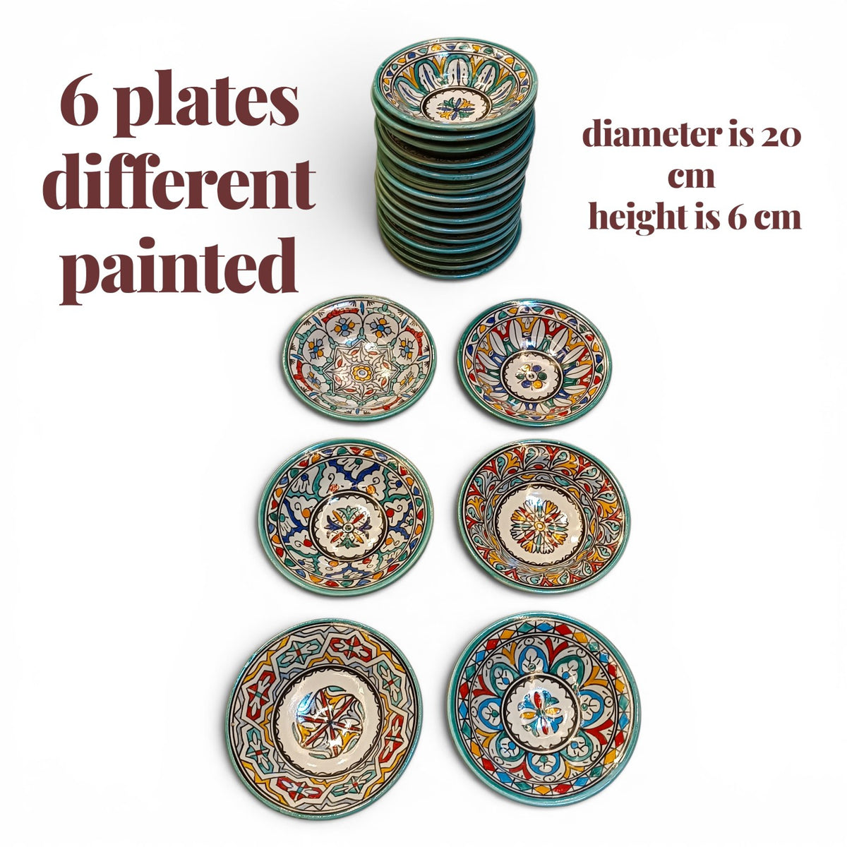 Set of 6 Moroccan Ceramic Bowls – Hand-Painted Berber Design, 20 cm (7.9")