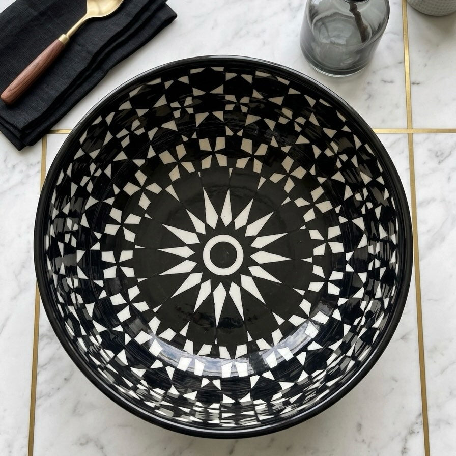 Moroccan Fez Pottery Bowl – Handmade Hand-Painted Ceramic Serving Bowl in Blue & Black