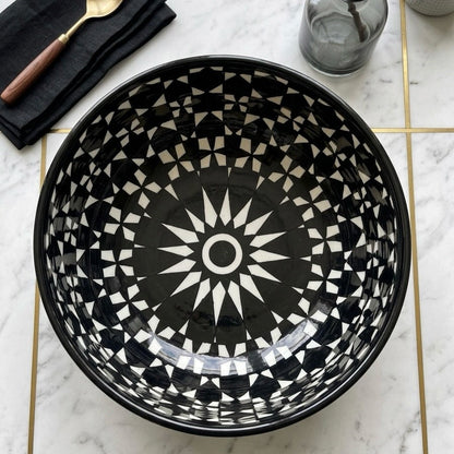 Moroccan Fez Pottery Bowl – Handmade Hand-Painted Ceramic Serving Bowl in Blue & Black
