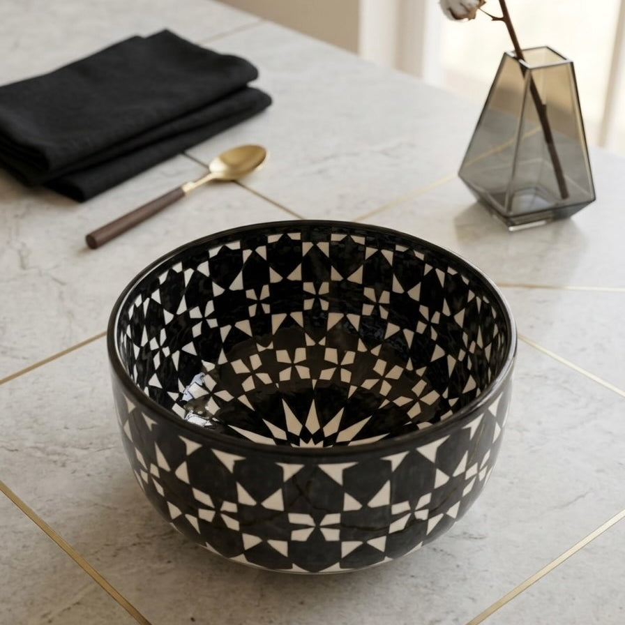 Moroccan Fez Pottery Bowl – Handmade Hand-Painted Ceramic Serving Bowl in Blue & Black