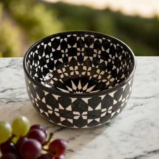 Moroccan Fez Pottery Bowl – Handmade Hand-Painted Ceramic Serving Bowl in Blue & Black