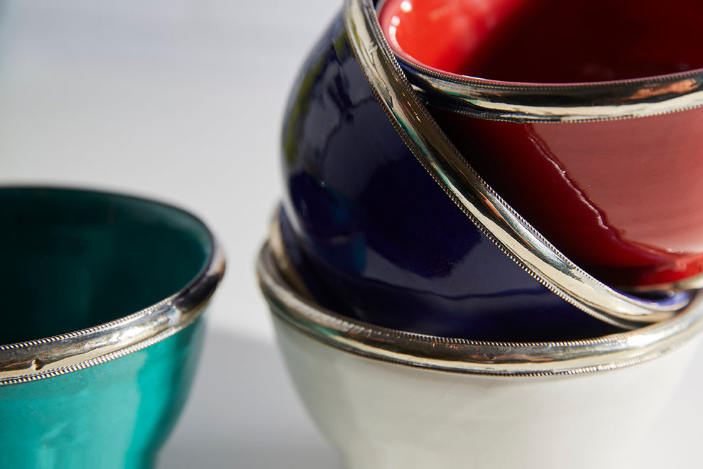 Handmade Moroccan Ceramic Snack Bowls with Silver Rim – Colorful Fez Pottery Serving Bowls
