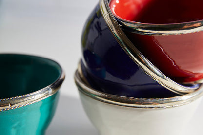 Handmade Moroccan Ceramic Snack Bowls with Silver Rim – Colorful Fez Pottery Serving Bowls