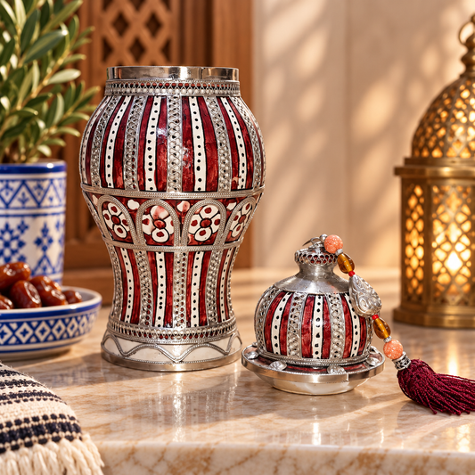 Handcrafted Moroccan Decorative Ceramic Jar with Silver Filigree & Tassel – Traditional Fez Design