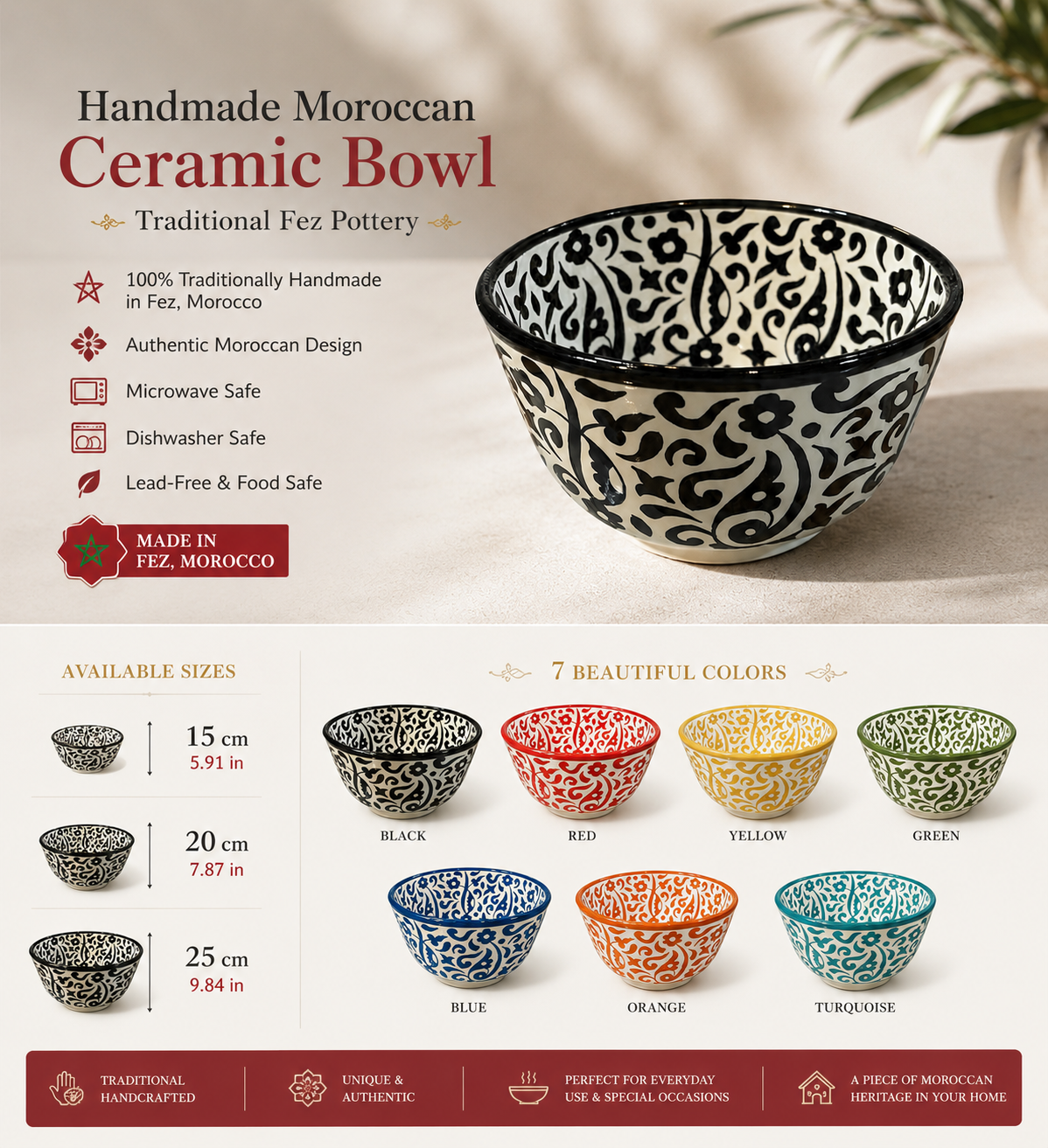 Handmade Moroccan Ceramic Bowl – Traditional Fez Pottery,  Floral Design