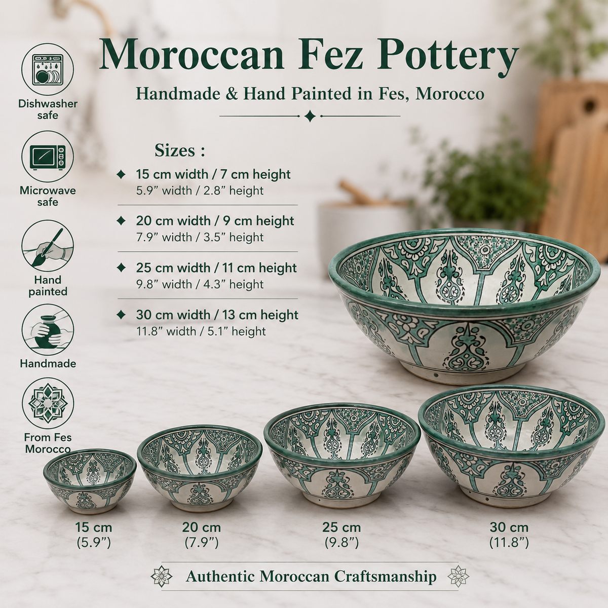 Handmade Moroccan Ceramic Serving Bowl – Hand Painted Pottery from Fez, Morocco | Dishwasher & Microwave Safe