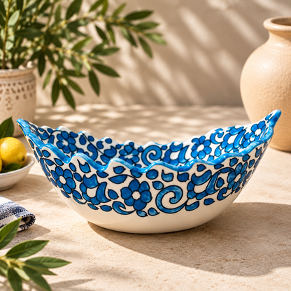 Hand-Painted Moroccan Ceramic Floral Serving Bowl – Blue & White Decorative Dish