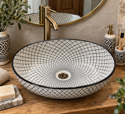 Handmade Moroccan Ceramic Vessel Sink – Green & Black & Gray Fish Scale Design