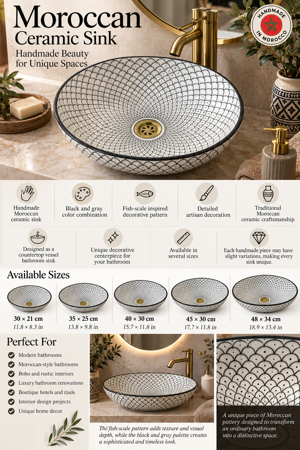 Handmade Moroccan Ceramic Vessel Sink – Green & Black & Gray Fish Scale Design