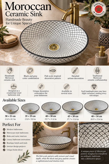 Handmade Moroccan Ceramic Vessel Sink – Green & Black & Gray Fish Scale Design