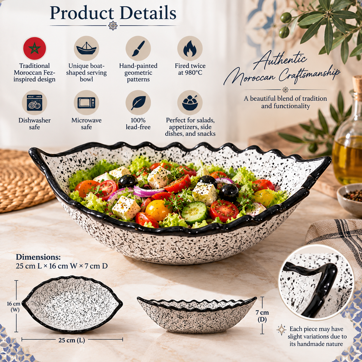 Moroccan Ceramic Boat-Shaped Serving Bowl – Hand-Painted Speckled Geometric Design
