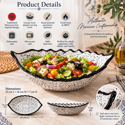 Moroccan Ceramic Boat-Shaped Serving Bowl – Hand-Painted Speckled Geometric Design