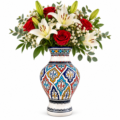 Handmade Moroccan Ceramic Vase – Multicolor & White Fez Pottery