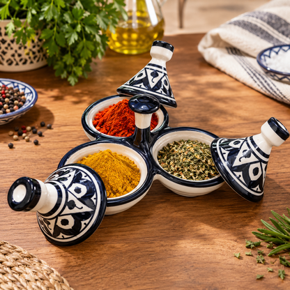 Moroccan Ceramic tagine 3-Compartment Spice Server – Hand-Painted black & White Tagine Condiment Holder