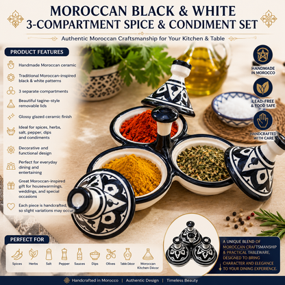 Moroccan Ceramic tagine 3-Compartment Spice Server – Hand-Painted black & White Tagine Condiment Holder
