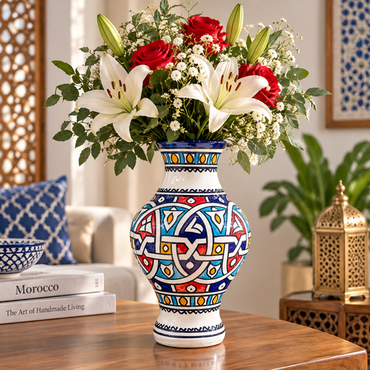 Handmade Moroccan Ceramic Vase – Multicolor & White Fez Pottery