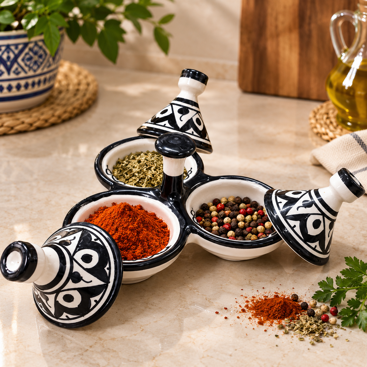 Moroccan Ceramic tagine 3-Compartment Spice Server – Hand-Painted black & White Tagine Condiment Holder