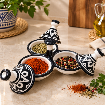 Moroccan Ceramic tagine 3-Compartment Spice Server – Hand-Painted black & White Tagine Condiment Holder