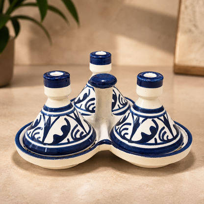 Moroccan Ceramic tagine 3-Compartment Spice Server – Hand-Painted Blue & White Tagine Condiment Holder