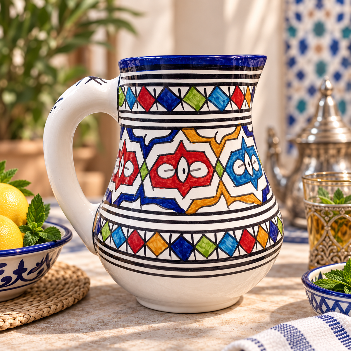 Traditional Moroccan Fassi Ceramic Pitcher – Multicolor & Cobalt Blue