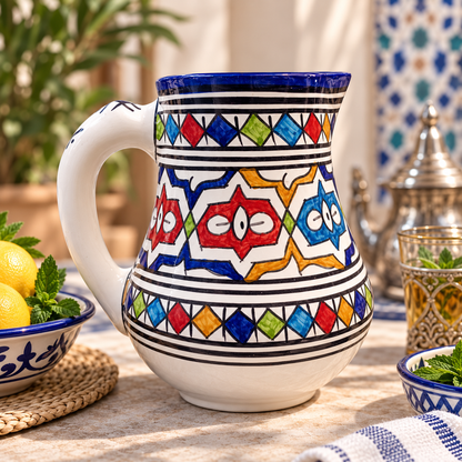 Traditional Moroccan Fassi Ceramic Pitcher – Multicolor & Cobalt Blue