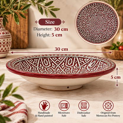 Handmade Moroccan Ceramic Serving Bowl – Red & White Hand-Painted Berber Style – 30 cm