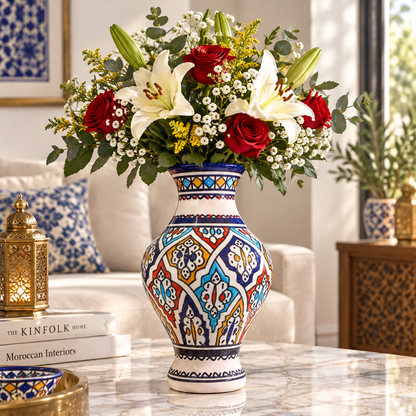 Handmade Moroccan Ceramic Vase – Multicolor & White Fez Pottery