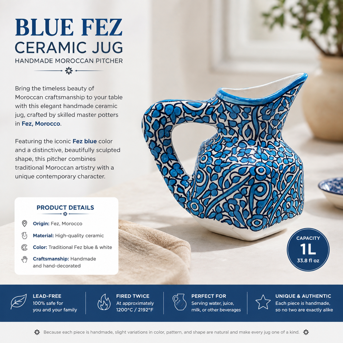 Handmade Fes Ceramic Carafe – 1 Liter Moroccan Pottery Pitcher