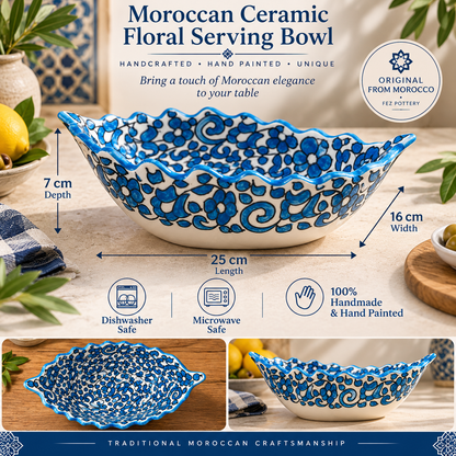 Hand-Painted Moroccan Ceramic Floral Serving Bowl – Blue & White Decorative Dish