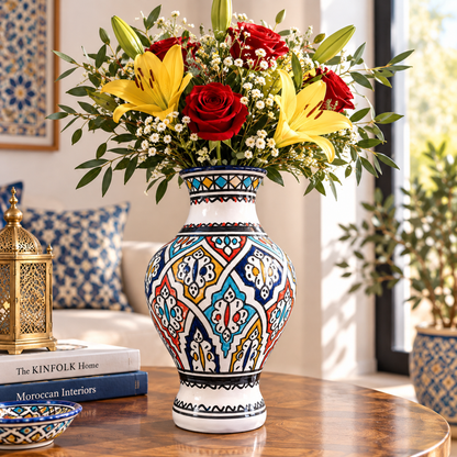 Handmade Moroccan Ceramic Vase – Multicolor & White Fez Pottery