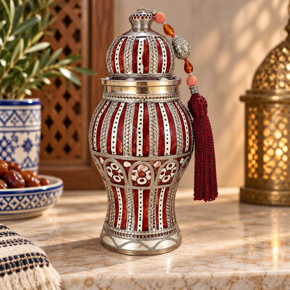 Handcrafted Moroccan Decorative Ceramic Jar with Silver Filigree & Tassel – Traditional Fez Design