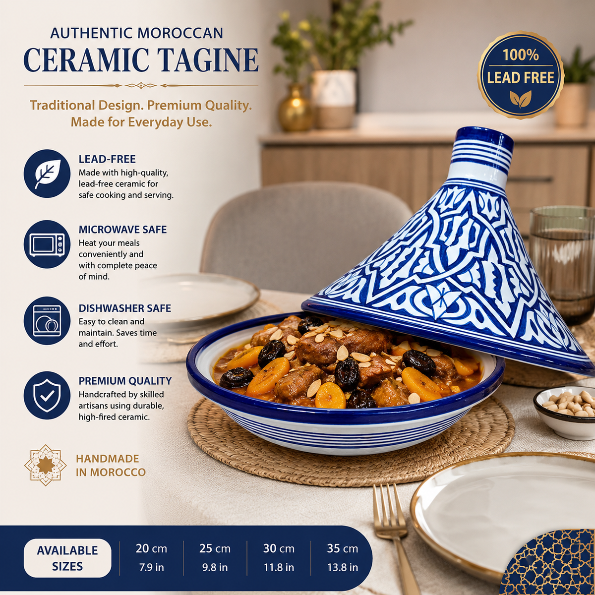 Handmade Moroccan Blue Ceramic Serving Tagine – Decorative Food Presentation Dish