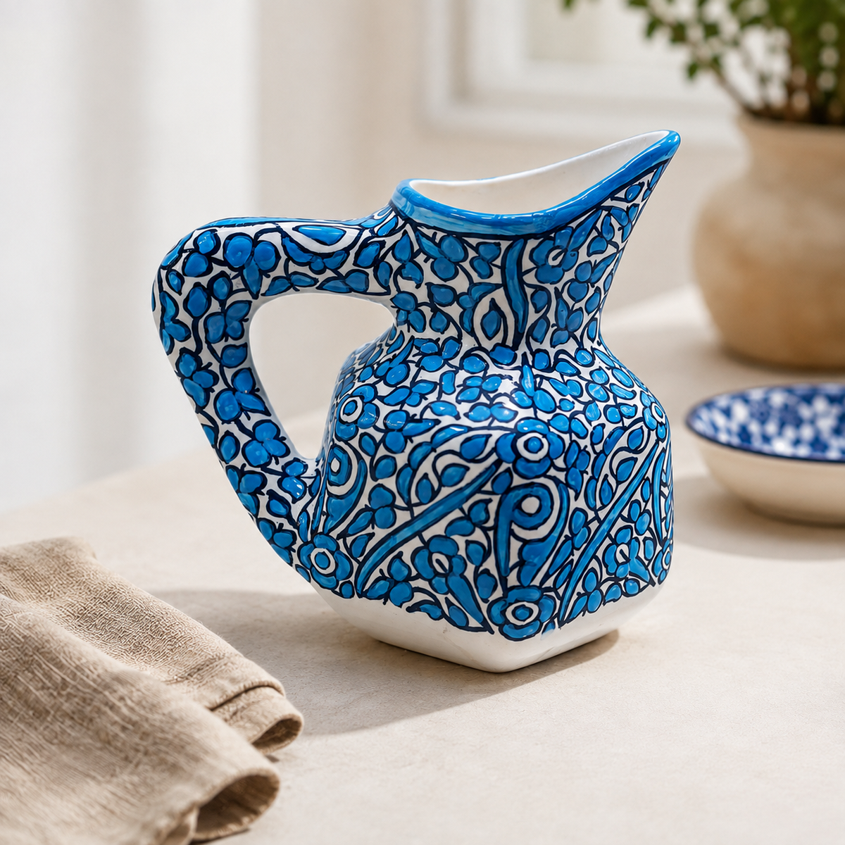 Handmade Fes Ceramic Carafe – 1 Liter Moroccan Pottery Pitcher
