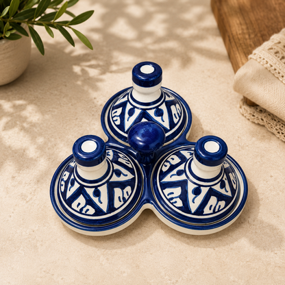 Moroccan Ceramic tagine 3-Compartment Spice Server – Hand-Painted Blue & White Tagine Condiment Holder
