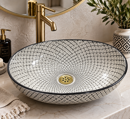 Handmade Moroccan Ceramic Vessel Sink – Green & Black & Gray Fish Scale Design