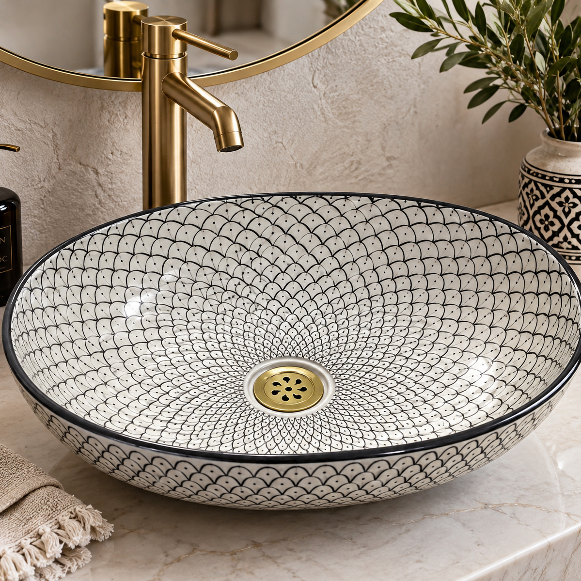 Handmade Moroccan Ceramic Vessel Sink – Green & Black & Gray Fish Scale Design