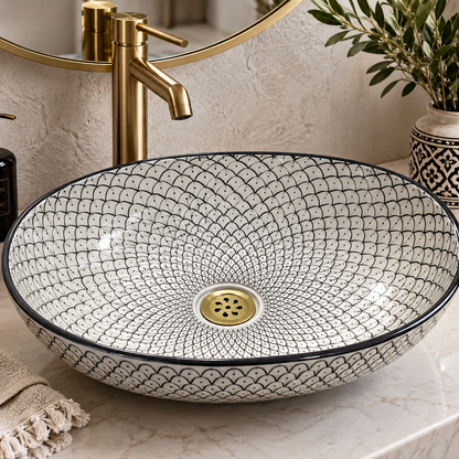 Handmade Moroccan Ceramic Vessel Sink – Green & Black & Gray Fish Scale Design