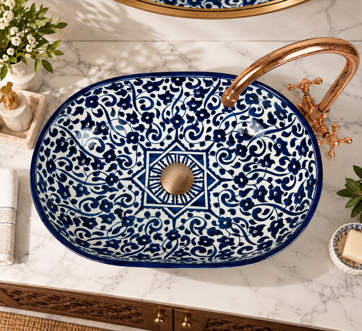 Handmade Moroccan Ceramic Vessel Sink – Blue & White Bathroom Sink
