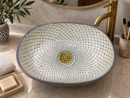 Moroccan Ceramic Vessel Sink – Green & Black & Gray Fish Scale Design