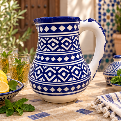 Traditional Moroccan Fassi Ceramic Pitcher – Multicolor & Cobalt Blue