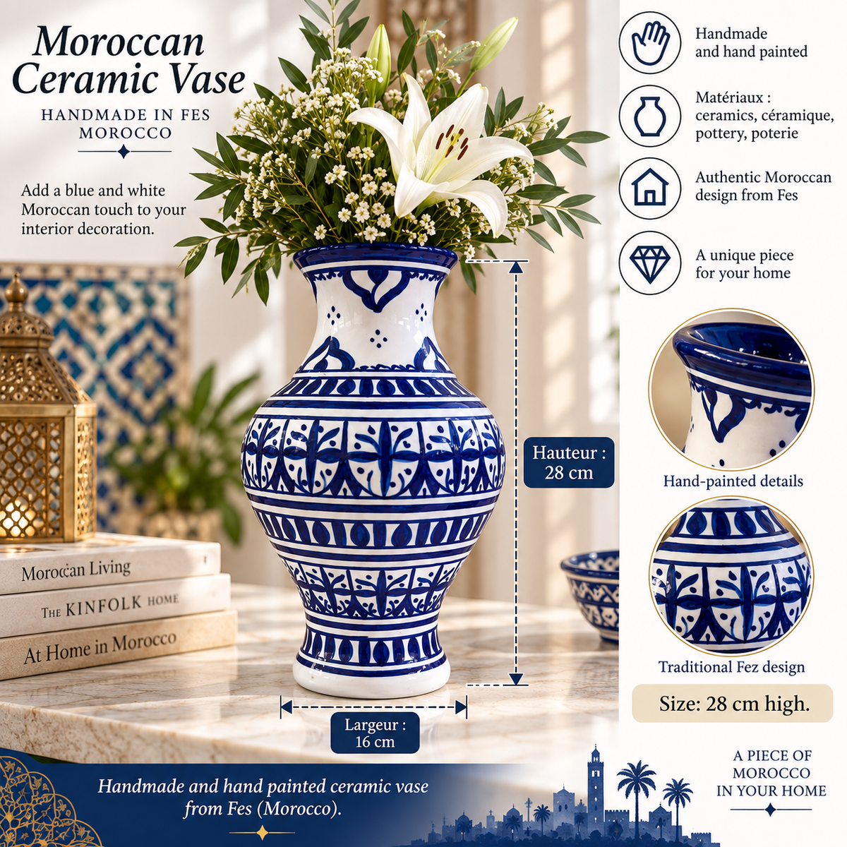 Handmade Moroccan Ceramic Vase – Blue & White Fez Pottery, 28 cm