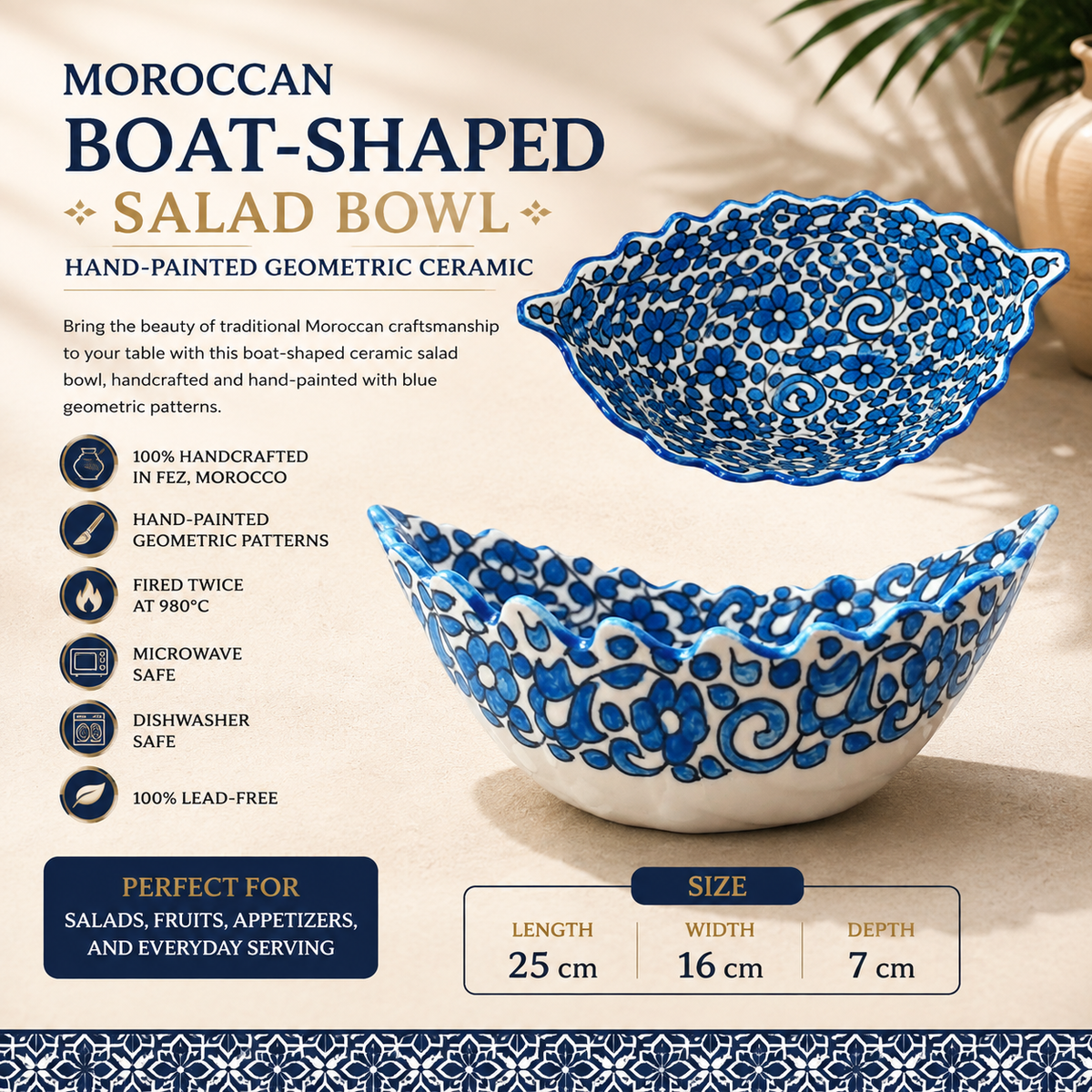 Moroccan fes Ceramic Serving Bowl floral painting