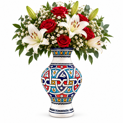 Handmade Moroccan Ceramic Vase – Multicolor & White Fez Pottery