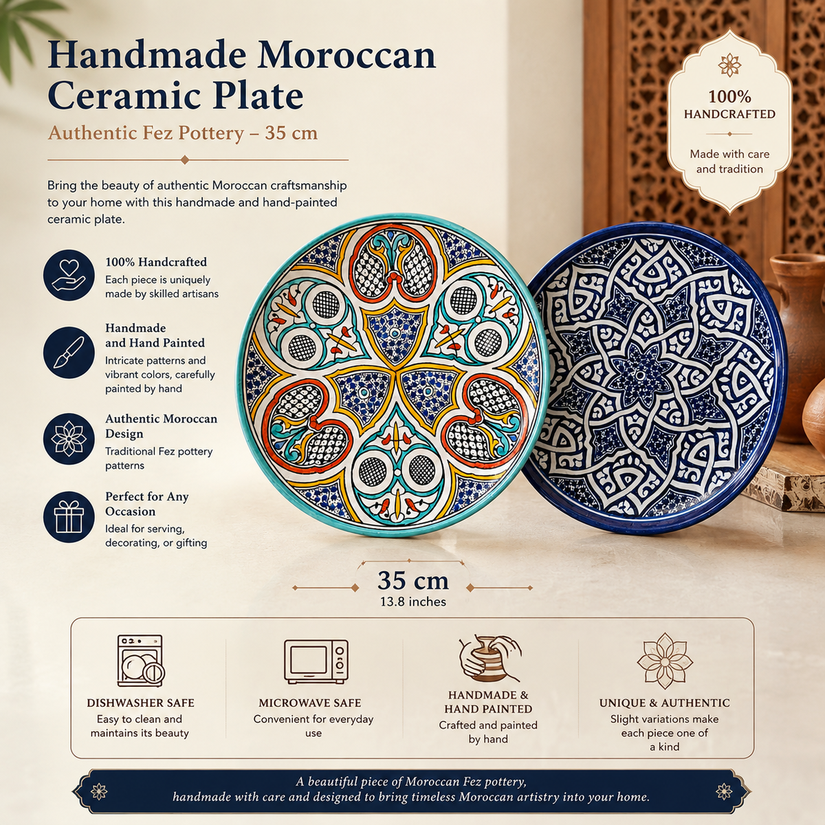 Handmade Moroccan Ceramic Plate – Hand-Painted Fez Pottery Serving