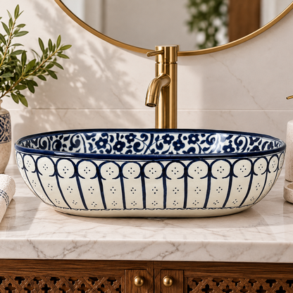 Handmade Moroccan Ceramic Vessel Sink – Blue & White Bathroom Sink