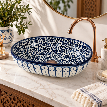 Handmade Moroccan Ceramic Vessel Sink – Blue & White Bathroom Sink